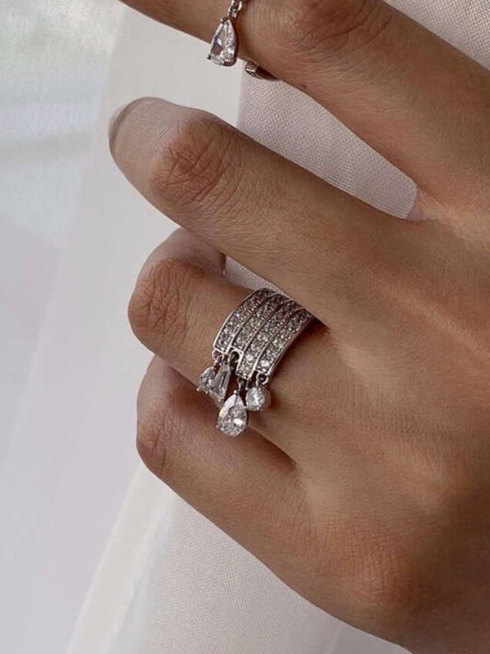 Silver Crystal Multi-Row Accent Ring - Bride Jewelry